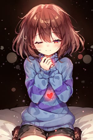 ultra-detailed, masterpiece, high_resolution,frisk undertale, Frisk, (blue sweater with purple stripes), shorts, boots, brown hair, short hair, fringe, flat chest, darkness, Undertale, perfect hands, perfect fingers, In the darkness, Frisk kneels in an attitude of prayer, his hands clasped and his face illuminated by a gentle smile. His eyes are closed, immersed in the tranquility of the moment. A red heart, glowing in the surrounding darkness, radiates a faint glow that barely reaches out to illuminate Frisk,best quality