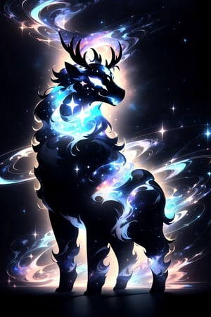 solo_male, solo, tall, mature, older_male, strong, long hair, simple background, gloves, animal ears, full body, (black skin), grey background, glowing, no pupils, starry sky print, (white elk mask:1.2), white horns, (black celestial clothes:1.2), dinamic photo, mystic, 3d render, unreal engine,Celestial Skin,