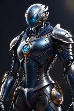 (masterpiece, best quality) extremely detailed, intricately detailed, ((portrait)), (1 robot, slim body) , (artificer, assasin), ((light) streampunk armor under clothes, dark blue trim, cloth attachments, blue cloak), lightning gem, 27yo, fit, chiaroscuro lighting, ray tracing, polished, high resolution, volumetric lightning, simple background,medieval armor, robot armor, Lenny, outline, reflexive helmet,ParallelObserver