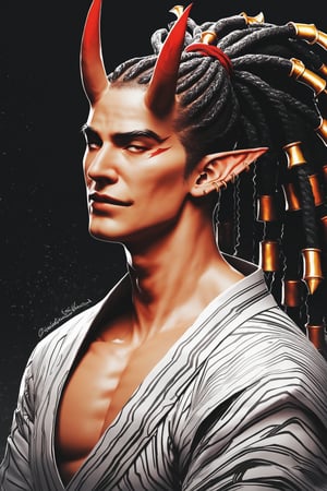 score_9, score_8_up, score_7_up, digital art, halftone effect, masterpiece. realistic, male, upper_body, darkskin, manly, very long hair, (dreadlocks), upper body, horns, pointy elf ears, multiple ear piercings, black background, oni horns, dynamic pose, hair oranments, smug, (montsuki), (one-sholder) yukata, one sleeved kimono, ((katahada)), japanese clothing, bandages, night background