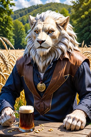 digimon leomon inspired, (furry), old male, 60yo, (caramel anthropomorphic lion), (golden mane), [white hair strands], scars, muscular body, small head , (medieval cotton shirt), wheat field, sat in a table, (wooden mug), red beer, reflection mapping, realistic figure, hyperdetailed, cinematic lighting photography, 32k uhd, albedo \(overlord\), mythical clouds,furry girl