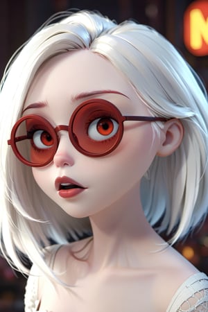 Mavelle, 1girl, pale skin, glowing eyes, red eyes, round glasses, tinted red glasses, white hair, detailed hair, glossy hair, closed mouth, lipstick, detailed, 4k, hd, masterpiece, 3D,disney pixar style