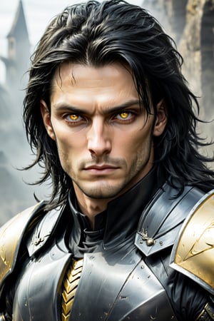 (calcasian 27yo slim man) with long black hair side swept to the right, golden eyes glowing yelow, white skin, (wearing a black heavy armor), fantasy, hellsing, very luminous, 8k, realistic, Add more detail, man,guy, realhands, 1man,Add more detail,looking at viewer, portrait,Lenny,shards,glass,more detail XL,Stylish