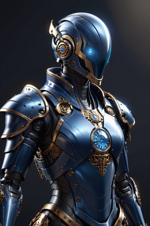 (masterpiece, best quality) extremely detailed, intricately detailed, ((portrait)), (1 robot, slim body) , (artificer, assasin), ((light) streampunk armor under clothes, dark blue trim, cloth attachments, blue cloak), lightning gem, 27yo, fit, chiaroscuro lighting, ray tracing, polished, high resolution, volumetric lightning, simple background,medieval armor, robot armor, Lenny, outline, reflexive helmet