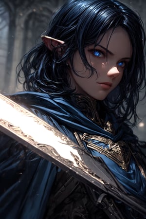 (masterpiece, best quality) extremely detailed, intricately detailed, ((portrait)), 1_boy, ((artificer, wizard,assasin)), (Steel smooth armor, dark blue trim, cloth attachments, blue cloak), black blue hair, 27yo, fit, glowing eyes, chiaroscuro lighting, ray tracing, polished, high resolution, volumetric lightning,medieval armor,roblit
