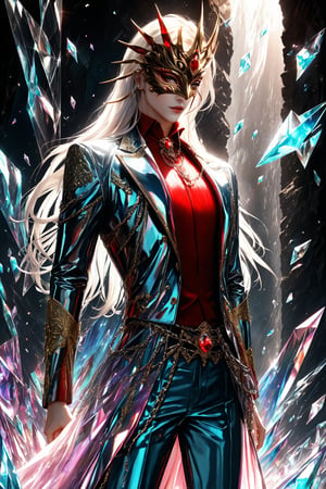 1boy, (fantasy masquerade mask), white long hair, (strait hair), (golden eyes), crimson red fantasy-inspired mirrored glass shards suit, eye-covering masculine mask, crystal, chains, ((Broken Glass effect)), no background, cleam shave, stunning, something that even doesn't exist, mythical being, energy, textures, iridescent and luminescent shards, divine presence, cowboy shot, Volumetric light, auras, rays, vivid colors reflects, Broken Glass effect, eyes shoot, oil paint, male focus, 3d render, digital art, realistic