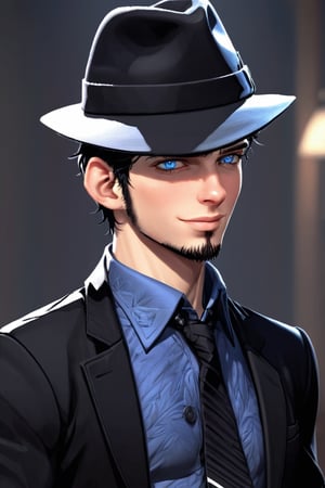 SalomanElfric, 27yo, solo, short hair, blue eyes, shirt, black hair, sole_male, fedora hat, jacket, upper body, male focus, necktie, black jacket, black headwear, (facial hair,sideburns, goatee:1.3), formal, suit, mature male, unreal engine,more detail XL