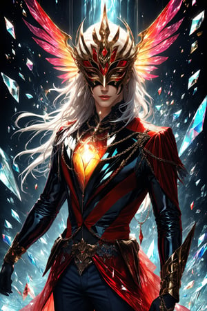 1boy, (fantasy masquerade mask), white long hair, (strait hair), (golden eyes), crimson red fantasy-inspired broken glass shards suit, eye-covering masculine mask, crystal, chains, ((Broken Glass effect)), no background, clean shave, stunning, something that even doesn't exist, mythical being, energy, textures, iridescent and luminescent shards, divine presence, cowboy shot, Volumetric light, auras, rays, vivid colors reflects, Broken Glass effect, eyes shoot, oil paint, male focus, 3d render, digital art, realistic