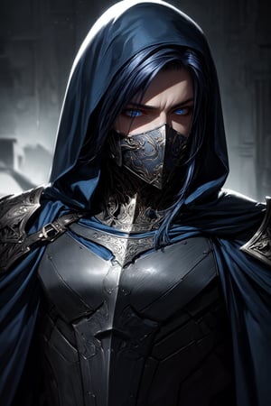 (masterpiece, best quality) extremely detailed, intricately detailed, ((portrait)), 1_boy, ((artificer, assasin)), (Steel smooth armor, dark blue trim, cloth attachments, blue cloak), black blue hair, 27yo, fit, glowing eyes, chiaroscuro lighting, ray tracing, polished, high resolution, volumetric lightning,medieval armor,roblit