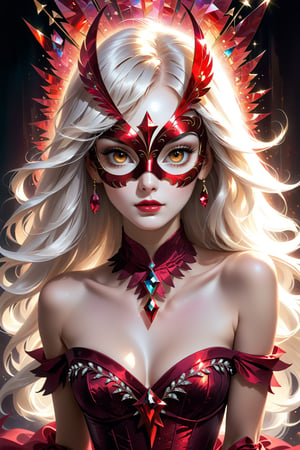 1 girl, (fantasy masquerade mask), blunt bangs, white long hair, strait hair, (crimson red eyes), fantasy-inspired mirrored glass silk fantasy dress, strapless neckline, eye-covering mask, crystal, loose brushstrokes, Broken Glass effect, no background, stunning, something that even doesn't exist, mythical being, energy, textures, iridescent and luminescent shards, divine presence, Volumetric light, auras, rays, vivid colors reflects, Broken Glass effect, eyes shoot, oil paint