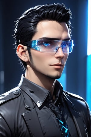 SalomanElfric, 27yo, solo, short hair, blue eyes, shirt, black hair, stylish hair swept to the right, sole male, ((facial hair, sideburns, goatee)), full body, male focus, mature male, unreal engine, realistic, 4k,HDR, sci-fi, full body, standing, grandiose, transparent glass tie, formal wear made broken shards, (stained transparent glass cyberpunk glasses:1.2)