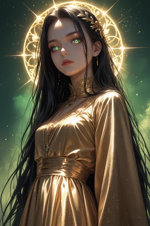 (score_9, score_8_up, score_7_up), (Masterpiece), (detailed background), (intricate details), 2d art
BREAK
1girl, matriarch, solo_female, green shining eyes, black hair, very long hair, strait hair, perfect skin, golden aura,
BREAK
shining black silk dress, imponent pose, alluring, mystic, revealing dark clothes, perfect body, dynamic angle, side shot, looking down at the viewer, 
BREAK
edgy and dramatic fashion photography, bloom, volumetric lighting, bloom, saturated colors, smooth style, upperbody, face focus, particles, perfect eyes,