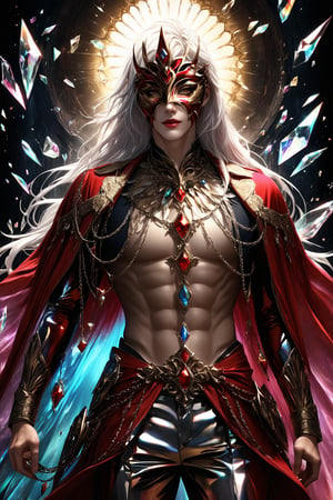 1boy, (fantasy masquerade mask), white long hair, (strait hair), (golden eyes), crimson red fantasy-inspired broken glass shards suit, eye-covering masculine mask, crystal, chains, ((Broken Glass effect)), no background, clean shave, stunning, something that even doesn't exist, mythical being, energy, textures, iridescent and luminescent shards, divine presence, cowboy shot, Volumetric light, auras, rays, vivid colors reflects, Broken Glass effect, eyes shoot, oil paint, male focus, 3d render, digital art, realistic