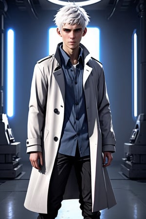 SalomanElfric, 22yo, solo, short hair, blue eyes, shirt, white hair, messy_hair, full body, male focus, mature male, unreal engine, sci-fi, full body, standing, grandiose, laboratory long coat