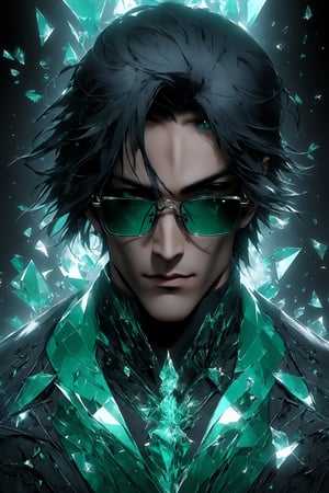 sole_male, German, medium black hair with layers, (square jawline:0.8), handsome, muscular,  (clear crystal sci-fi glasses), broken glass formal green suit, white skin, (cyan eyes), short black styled hair, clean face, serene expression, boss demeanor, magnate, masterpiece, digital art, award winner, serene, bright colors, octane, 3d render, realistic, shards