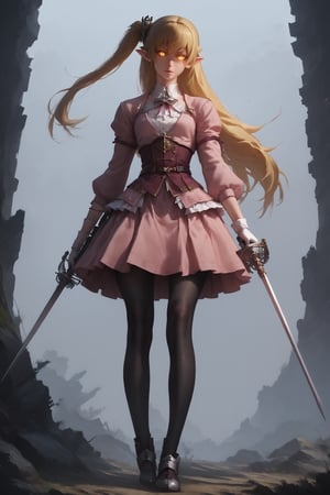 1girl, solo, long hair, skirt, blonde hair, yellow eyes, [glowing eyes], weapon, pantyhose, pointy ears, sword, pink hood, right side ponytail, black pantyhose, long legs, ootachi, oshino shinobu, masterpiece, digitar art, award winning, detailed, best quality, 3d render, realistic, white gloves, concept art, niji5,holding sword rapier in the left hand