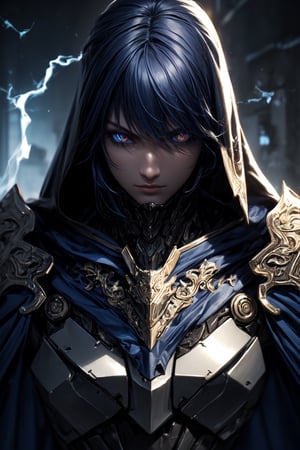 (masterpiece, best quality) extremely detailed, intricately detailed, ((portrait)), 1_boy, ((artificer, assasin)), (Steel smooth armor, dark blue trim, cloth attachments, blue cloak), lightning gem, black blue hair, 27yo, fit, glowing eyes, chiaroscuro lighting, ray tracing, polished, high resolution, volumetric lightning,medieval armor, robot armor, roblit, robot