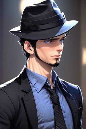 SalomanElfric, 27yo, solo, short hair, blue eyes, shirt, black hair, sole_male, fedora hat, jacket, upper body, male focus, necktie, black jacket, black headwear, (facial hair,sideburns, goatee:1.3), formal, suit, mature male, cartoon, unreal engine