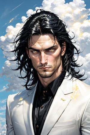 (calcasian slim man) with long black hair side swept to the right, golden eyes glowing yelow, hands on pockets, white skin, (wearing a black transparent glass suit), big white clouds moving in a light blue sky, very luminous, 8k, realistic, Add more detail, man, disgusted face,guy, realhands, 1man,Add more detail,disgusted face,looking at viewer, portrait,Lenny,shards
