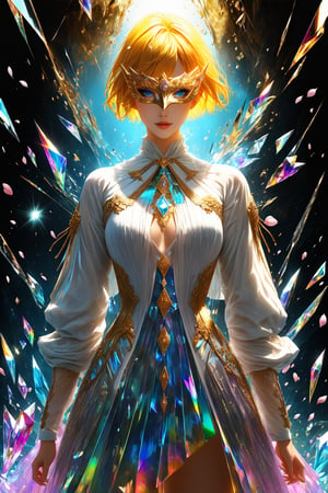 1girl, golden yellow short hair, (strait hair), (blue eyes), ranbow red fantasy-inspired mirrored glass shards expensive clothes, long cut neckline, eye-covering mask, crystal, petals falling, Broken Glass effect, no background, stunning, something that even doesn't exist, mythical being, energy, textures, iridescent and luminescent shards, divine presence, cowboy shot, Volumetric light, auras, rays, vivid colors reflects, Broken Glass effect, eyes shoot, oil paint, male focus, 3d render, digital art, realistic
