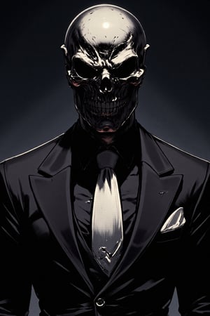 A close-up shot of a mysterious figure dressed in a sleek black suit, complete with a crisp white tie. the man is a silver mettalic skeleton and skull catches the light ominously. The mask's angular features seem to gleam with an air of sophistication, as if hiding secrets beneath its metallic surface. The background is a dark, muted tone, allowing the subject's striking attire to take center stage. REALNIME