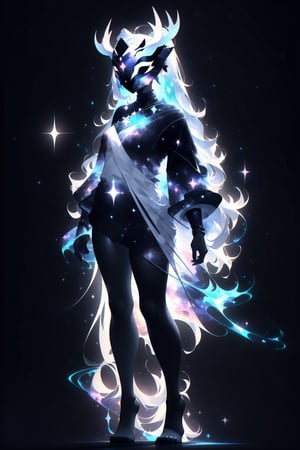 1girl, solo, tall, mature, strong, long hair, simple background, gloves, animal ears, full body, (black skin), grey background, glowing, no pupils, starry sky print, (white elk mask:1.2), white horns, (black celestial clothes:1.2), dinamic photo, mystic, 3d render, unreal engine,Celestial Skin,