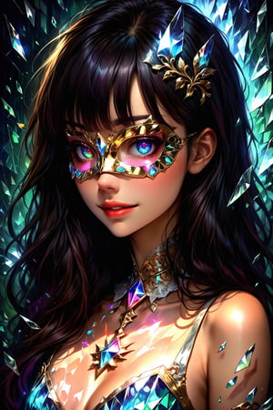 score_9, score_8_up, score_7_up, extremely detailed, (broken glass effect), (dress made of broken glass), shattered glass, (glass eye mask:1.2), vintage, vivid, crystal mask that refract light, 1girl, upper body, asymetric bangs, black hair, long hair, sexy smile 