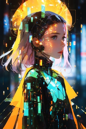 score_9, score_8, score_7, masterpiece, extremely detailed, broken glass effect, 1girl, solo, cyberpunk, transparent, cyborg, vivid, see-through, translucent, neon, detailed background, bokeh, creepy, vintage, see-through, facing front, upper body, internal organs, , orange hair, long hair, tied hair, hair over one eye, braless, long dress made of broken glass, crystal mask that refract light