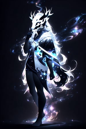 solo_male, solo, tall, mature, older_male, strong, long hair, simple background, gloves, animal ears, full body, (black skin), grey background, glowing, no pupils, starry sky print, (white elk mask:1.2), white horns, (black celestial clothes:1.2), dinamic photo, mystic, 3d render, unreal engine,Celestial Skin,