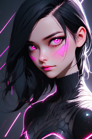 Utra, cyberpunk 1girl wearing futuristic clothes, thin delicate lips smirking with a closed mouth, white skin,  black chin lenght hair and pink eyes, 4k, hd, unreal engine, 3d render, realistic,shards,3d toon style,cutegirlmix