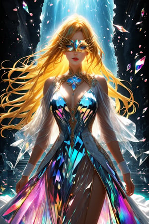 1girl, golden yellow long hair, (strait hair), (blue eyes), ranbow red fantasy-inspired mirrored glass shards expensive clothes, long cut neckline, eye-covering mask, crystal, petals falling, Broken Glass effect, no background, stunning, something that even doesn't exist, mythical being, energy, textures, iridescent and luminescent shards, divine presence, cowboy shot, Volumetric light, auras, rays, vivid colors reflects, Broken Glass effect, eyes shoot, oil paint, male focus, 3d render, digital art, realistic