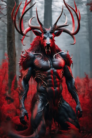 Wendigo, elk anthro, skinless, gore, decayed, portrait photo made of flesh, skeleton face, sharp horns, veins, muscles, (transparent skin:1.5), nightmare creature, dangerous mutant, intricate and tall details, doom, human skulls on the ground, deep red eyes,full body,anthro,photo,monster,DonMD3m0nV31nsXL