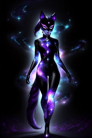 1girl, solo, (slim), simple background, gloves, animal ears, full body, (black skin), grey background, glowing, no pupils, (human_lip), starry sky print, (purple wolf mask:1.2), sleek mask, 1 mask, (black celestial Ao Dai:1.2), dinamic photo, mystic, 3d render, unreal engine, Celestial Skin,