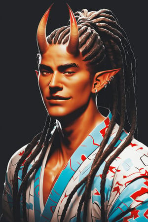 score_9, score_8_up, score_7_up, digital art, halftone effect, masterpiece. realistic, male, upper_body, darkskin, manly, very long hair, (dreadlocks), upper body, horns, pointy elf ears, multiple ear piercings, black background, oni horns, dynamic pose, hair oranments, smug, (montsuki), (one-sholder) yukata, one sleeved kimono, ((katahada)), japanese clothing, bandages, night background