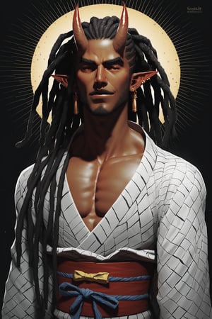 score_9, score_8_up, score_7_up, digital art, halftone effect, masterpiece. realistic, male, upper_body, darkskin, manly, very long hair, (dreadlocks), upper body, horns, pointy elf ears, multiple ear piercings, black background, oni horns, dynamic pose, hair oranments, smug, (montsuki), (one-sholder) yukata, one sleeved kimono, ((katahada)), japanese clothing, bandages, night background