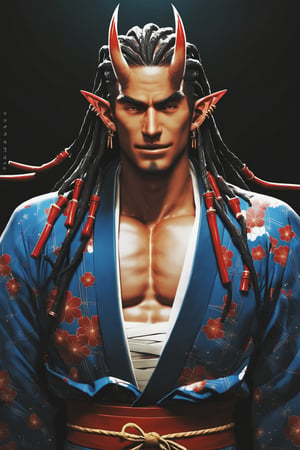 score_9, score_8_up, score_7_up, digital art, halftone effect, masterpiece. realistic, male, upper_body, darkskin, manly, very long hair, (dreadlocks), upper body, horns, pointy elf ears, multiple ear piercings, black background, oni horns, dynamic pose, hair oranments, smug, (montsuki), (one-sholder) yukata, one sleeved kimono, ((katahada)), japanese clothing, bandages, night background