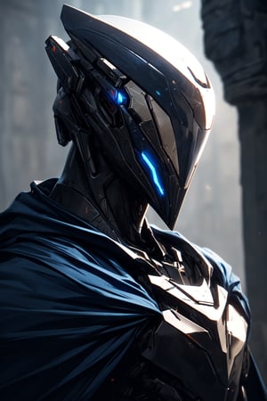 (masterpiece, best quality) extremely detailed, intricately detailed, ((portrait)), 1_boy, ((robot, wizard,assasin)), (Steel smooth armor, dark blue trim, cloth attachments, blue cloak), minimalist helmet, glowing eyes, chiaroscuro lighting, ray tracing, polished, high resolution, volumetric lightning, ,WARFRAME,medieval armor,robot