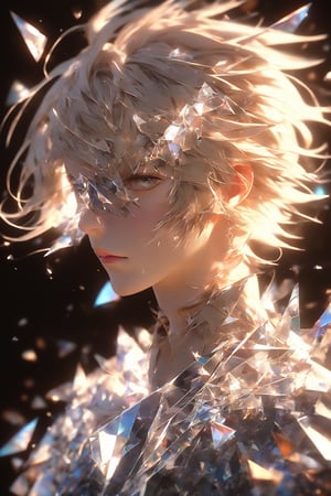 1boy, (crystal mask), broken glass garments, solo, short hair, bangs, beige layered hair, beige eyebrows, gray eyes, long sleeves, closed mouth, upper body, male focus, profile, light particles, bokeh, masterpiece, digital art, award winner, bealtyfull, intense, bright colors, octane, 3d render, realistic, shards