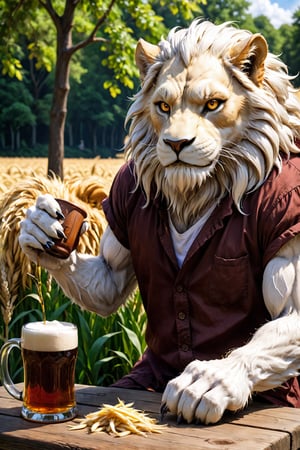 digimon leomon inspired, (furry), old male, 60yo, (caramel anthropomorphic lion), (golden mane), [white hair strands], scars, muscular body, small head , (medieval cotton shirt), wheat field, sat in a table, (wooden mug), red beer, reflection mapping, realistic figure, hyperdetailed, cinematic lighting photography, 32k uhd, albedo \(overlord\), mythical clouds,furry girl