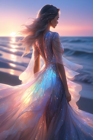 ultra detailed close up illustration of a woman at the seashore after sunset,  she wears a flowy holographic dress made of silk and tulle and very glowy,  bioluminiscent, fantasy art, dreamlike, backlit, dynamic pose, digital art, masterpiece, 3d render, ray-tracing, vibrant