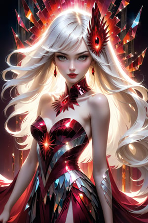 1 girl, blunt bangs, white long hair, strait hair, (crimson red eyes), fantasy-inspired mirrored glass silk fantasy dress, strapless neckline, eye-covering mask, crystal, loose brushstrokes, Broken Glass effect, no background, stunning, something that even doesn't exist, mythical being, energy, textures, iridescent and luminescent shards, divine presence, Volumetric light, auras, rays, vivid colors reflects, Broken Glass effect, eyes shoot, oil paint