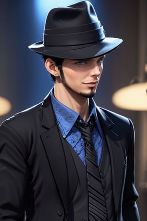 SalomanElfric, 27yo, solo, short hair, blue eyes, shirt, black hair, sole_male, fedora hat, jacket, upper body, male focus, necktie, black jacket, black headwear, (facial hair,sideburns, goatee:1.3), formal, suit, mature male, cartoon, unreal engine,Movie Still