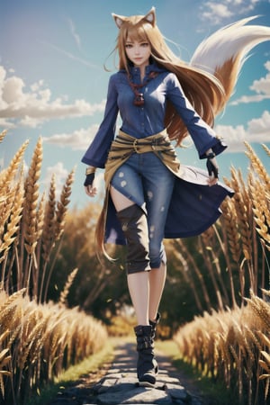 holo, long hair, wolf tail, animal ears, golden shining hair, wheat field, plains, common clothes, happy, full body, unreal_engine, ultra detailed, hdr, 4k, dynamic, action