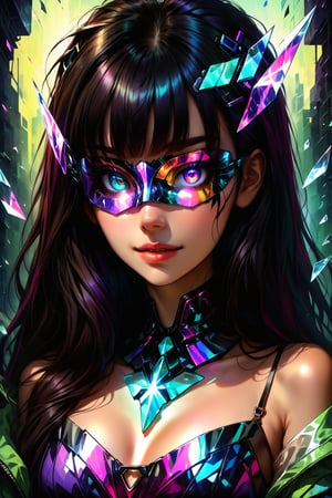 score_9, score_8_up, score_7_up, extremely detailed, (broken glass effect), (dress made of broken glass), shattered glass, (glass eye mask:1.2), vintage, vivid, cyberpunk, crystal mask that refract light, 1girl, upper body, asymetric bangs, black hair, long hair, sexy smile 