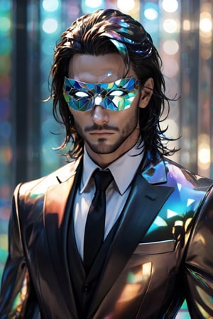 1man calcasian, masculine, mesomorph body type, swiped medium long hair, (lenny:1.2), using a abstract half-mask covering the eyes made of transparent glass, expensive suit made of (stained glass) , realistic, (bokeh), detailed, illuminated, 3d render, unreal engine, HD, 4k