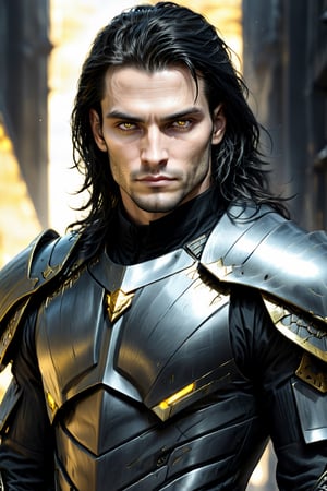 (calcasian 27yo slim man) with long black hair side swept to the right, golden eyes glowing yelow, white skin, (wearing a black heavy armor), fantasy, terror cyberpunk, long coat, overcoat, very luminous, 8k, realistic, Add more detail, man,guy, realhands, 1man,Add more detail,looking at viewer, portrait,Lenny,more detail XL,Stylish,Man,darkart