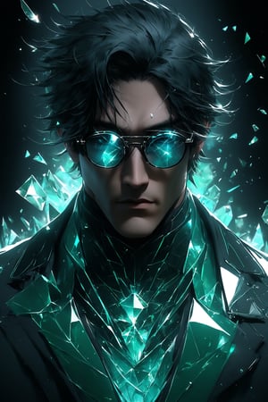 sole_male, German, medium black hair with layers, (square jawline:0.8), handsome, muscular,  (crystal sci-fi glasses), broken glass formal green suit, white skin, (cyan eyes), short black styled hair, clean face, serene expression, boss demeanor, magnate, masterpiece, digital art, award winner, serene, bright colors, octane, 3d render, realistic, shards