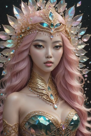 Asian cute girl with long pink curvy hair adorned in a dazzling fantasy-inspired glass fantasy golden strapless dress, includes an eye-covering mask, perfect skin, Broken Glass effect, no background, stunning, something that even doesn't exist,oil paint, crystal_clear, crystals made out of leaves, skpleonardostyle,