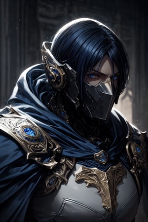 (masterpiece, best quality) extremely detailed, intricately detailed, ((portrait)), 1_boy, ((artificer, wizard,assasin)), (Steel smooth armor, dark blue trim, cloth attachments, blue cloak), black blue hair, 27yo, fit, glowing eyes, chiaroscuro lighting, ray tracing, polished, high resolution, volumetric lightning,medieval armor,roblit