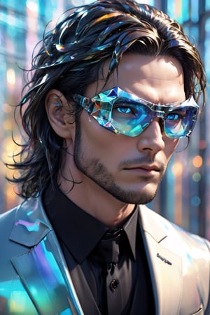 1man calcasian, masculine, mesomorph body type, swiped medium long hair, (lenny:1.2), using a abstract crystalline futuristic sports glasses covering the eyes made of solid transparent glass, expensive suit made of (stained glass) , realistic, (bokeh), detailed, illuminated, 3d render, unreal engine, HDR 